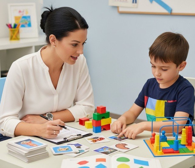 profesional evaluando a un niño con materiales estandarizados