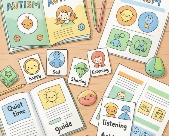 mesa con guías impresas y pictogramas sobre autismo